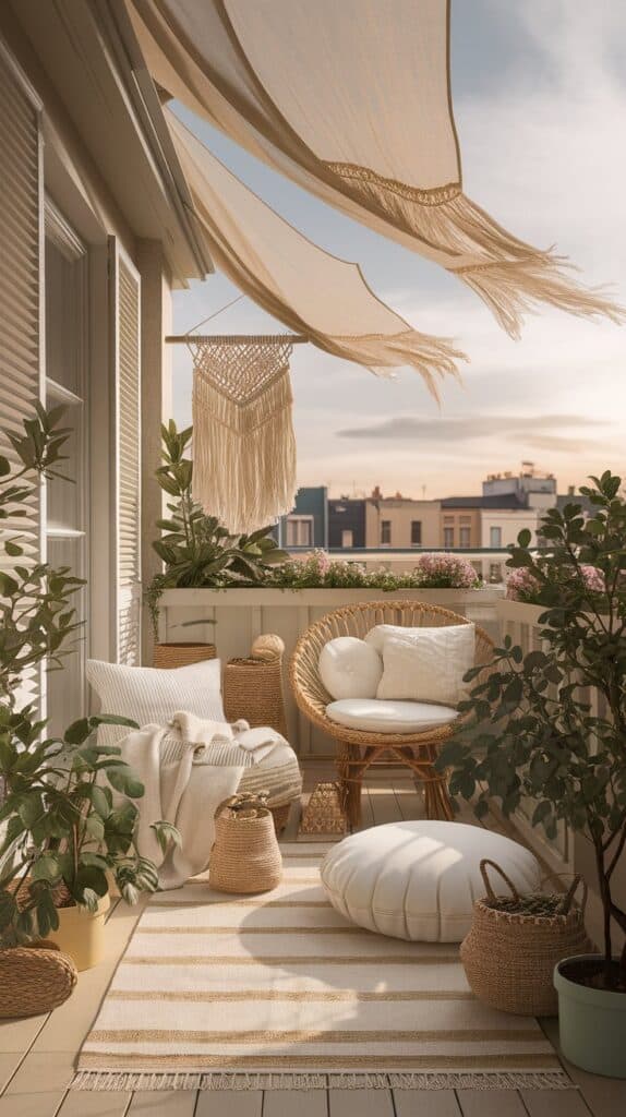 boho balkon beige natur gardinen pouf teppich mint toepfe 2