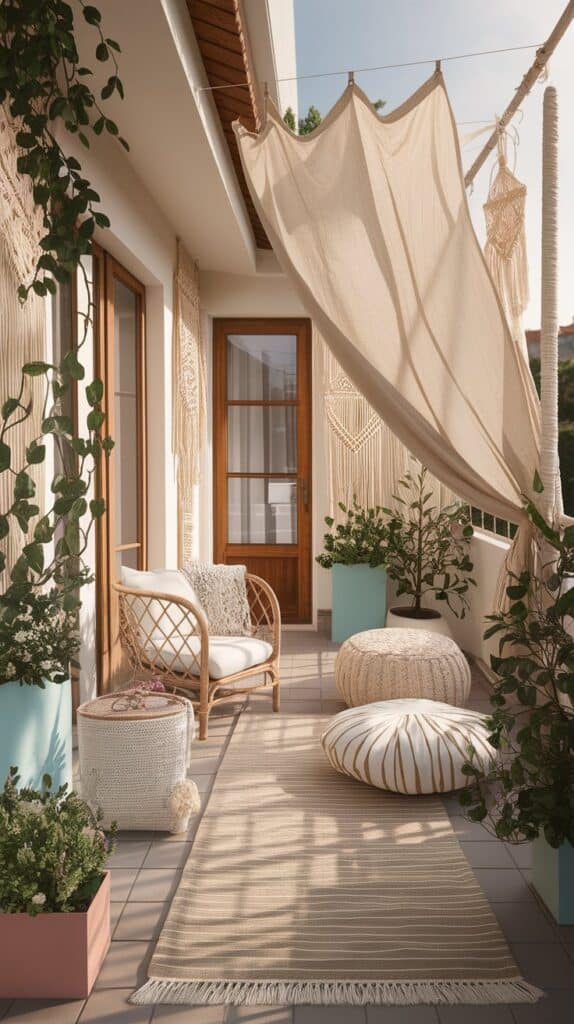 boho balkon beige natur gardinen pouf teppich mint toepfe 3
