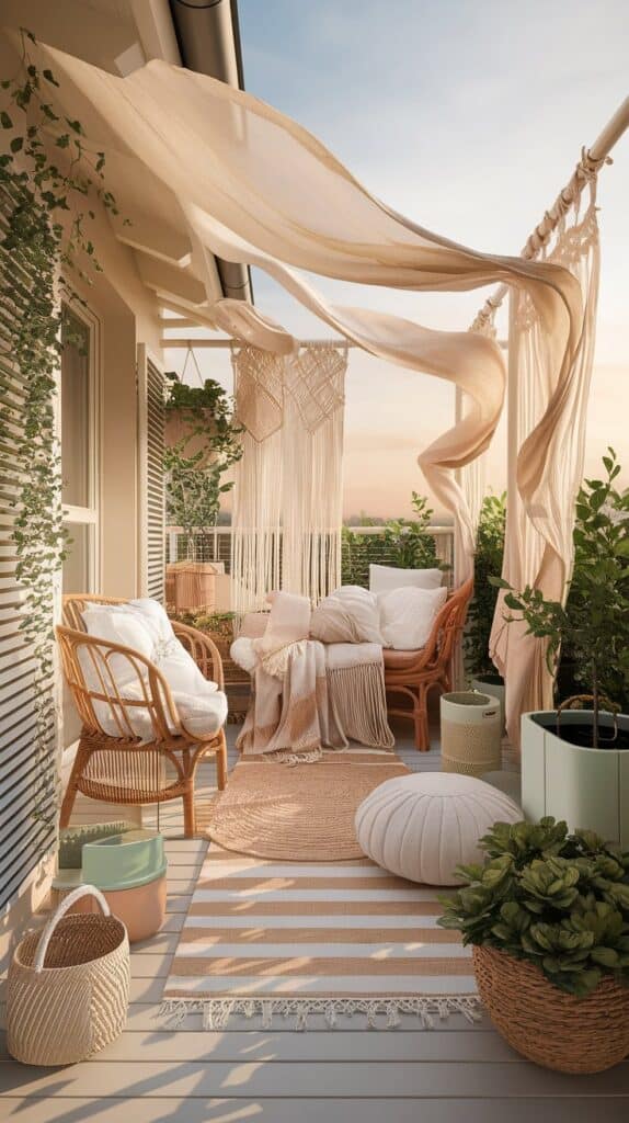 1 Bild, 1 Idee – Boho-Balkon mit Stoffbahnen & Leichtigkeit fließenden Stoffen boho balkon beige natur gardinen pouf teppich mint toepfe 4