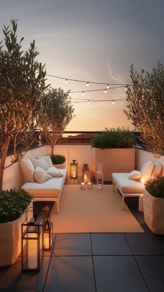 qch balkon groesser wirken hell minimalistisch abendsonne beige helle toene holz sofa dunkler bolden teppich licht