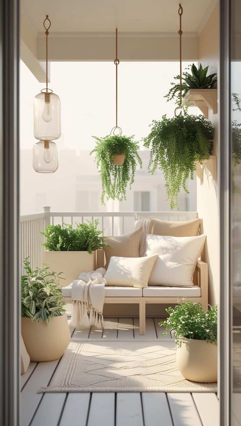 Heller, moderner Balkon mit mehreren hängenden Elementen: zwei transparente Glaslaternen und ein üppiger hängender Farn, befestigt an schlichten Deckenhaken. Darunter eine kleine gemütliche Sitzecke mit naturfarbenen Kissen, einer sanften Decke und warmen Beige-Tönen. Pflanzen in cremefarbenen Töpfen stehen entlang der Brüstung und auf dem Boden. Die Szene wirkt ruhig, leicht und offen – perfekt für kleine Balkone mit luftigen Gestaltungsideen.