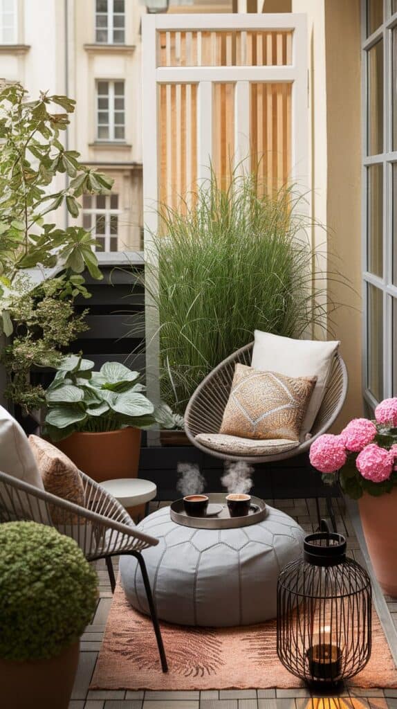 5 Dinge, die deinen Balkon sofort wohnlicher machen – auch bei schlechtem Wetter qchecker schlechtes wetter boho schwarz weiss grau pouf 1