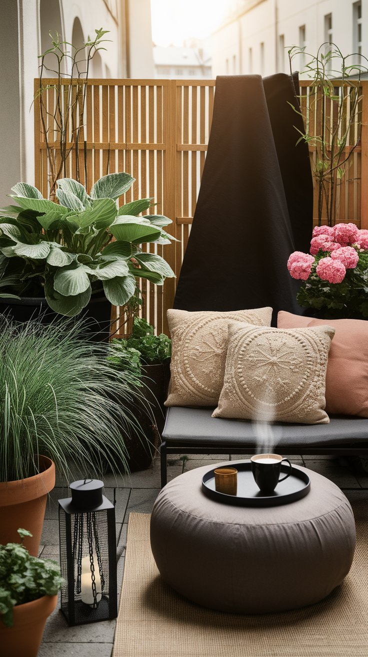 5 Dinge, die deinen Balkon sofort wohnlicher machen – auch bei schlechtem Wetter qchecker schlechtes wetter boho schwarz weiss grau pouf 2