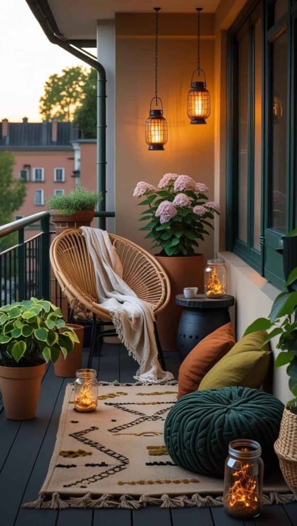 Magisches Licht für laue Abende: Mit diesen Solarleuchten wird dein Balkon zur Wohlfühl-Oase solarlichter boho style kornstuhl kissen teppich qchecker 1