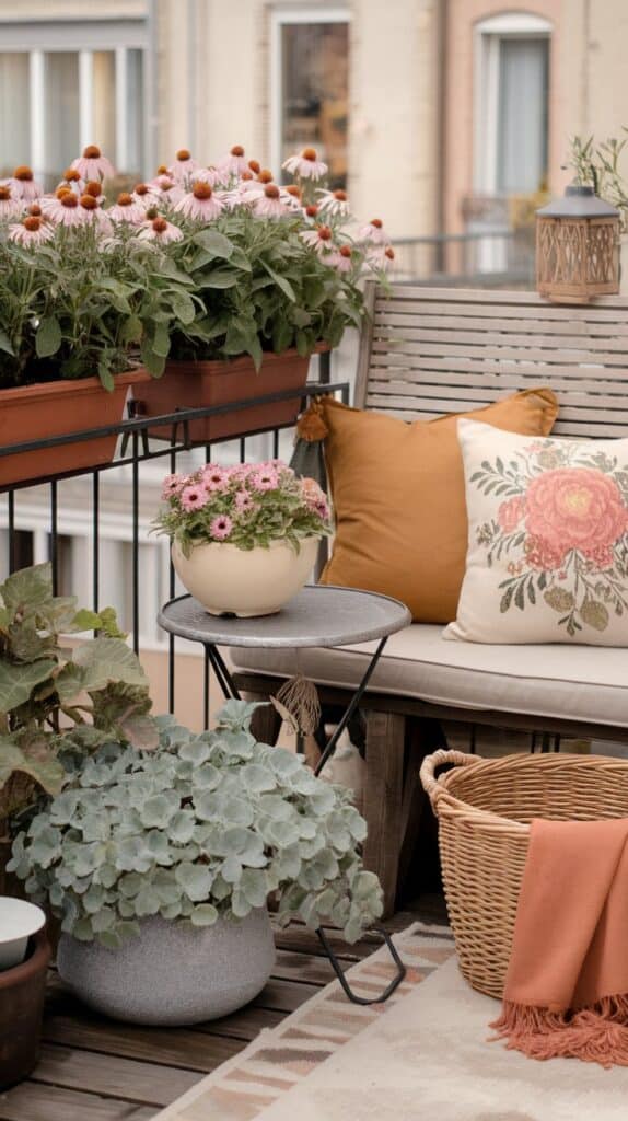 sommer herbst balkon beitrag natur bank holzbank kissen natur altrosa pastell 1