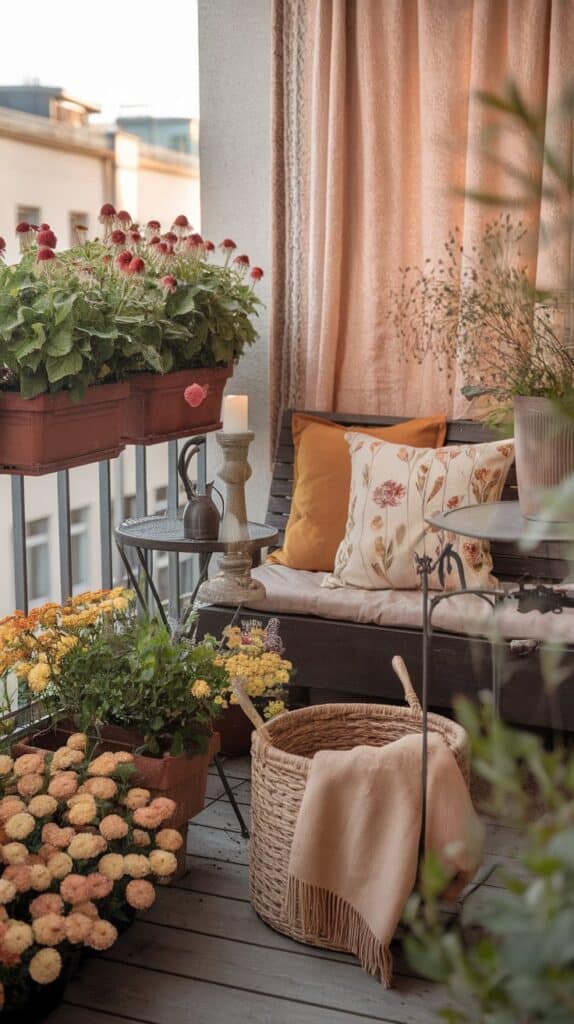 sommer herbst balkon beitrag natur bank holzbank kissen natur altrosa pastell 2