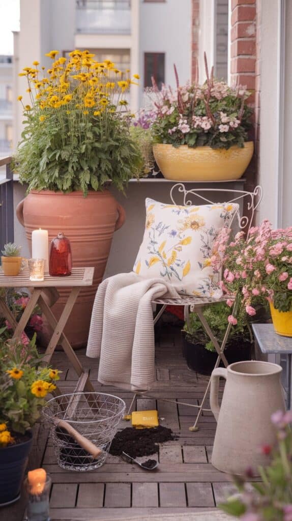 sommer herbst balkon beitrag natur gelb rosa metallstuhl erde terra 1