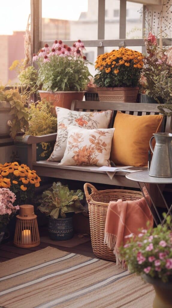 Pflanzideen für den Spätsommer – was jetzt noch blüht und lange hält sommer herbst balkon natur gewachsen abschnitt 1´ holzbank korb teppich rosa okker