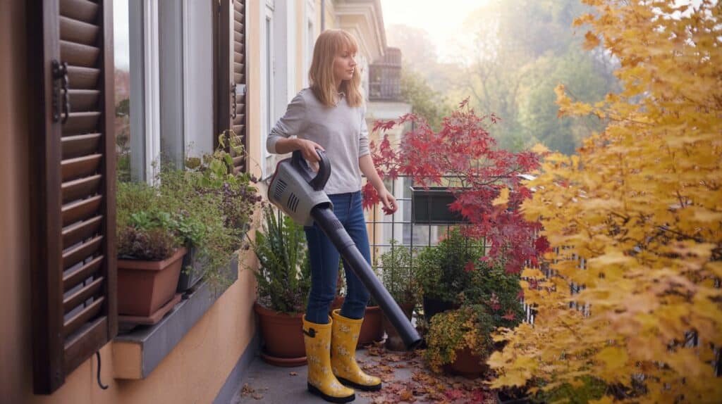 herbst frau mit laubblaeser balkon 2