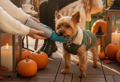 hund carlos mit hundtrinkflasche