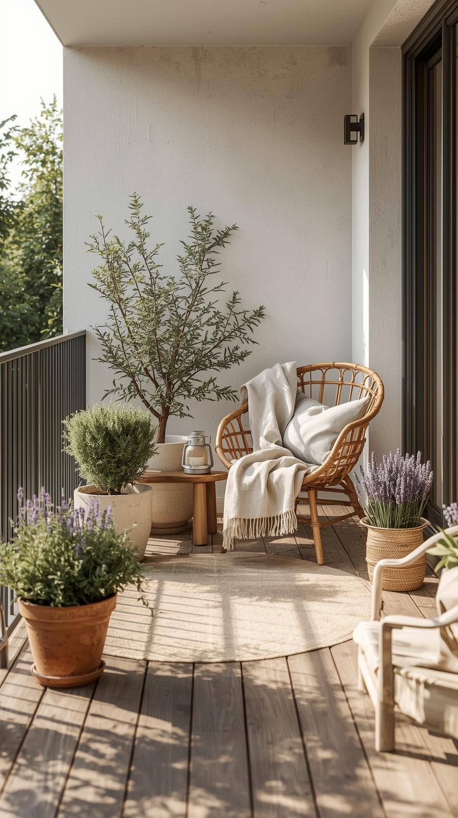 bild sommerbalkon holz rattan beige teppich 3