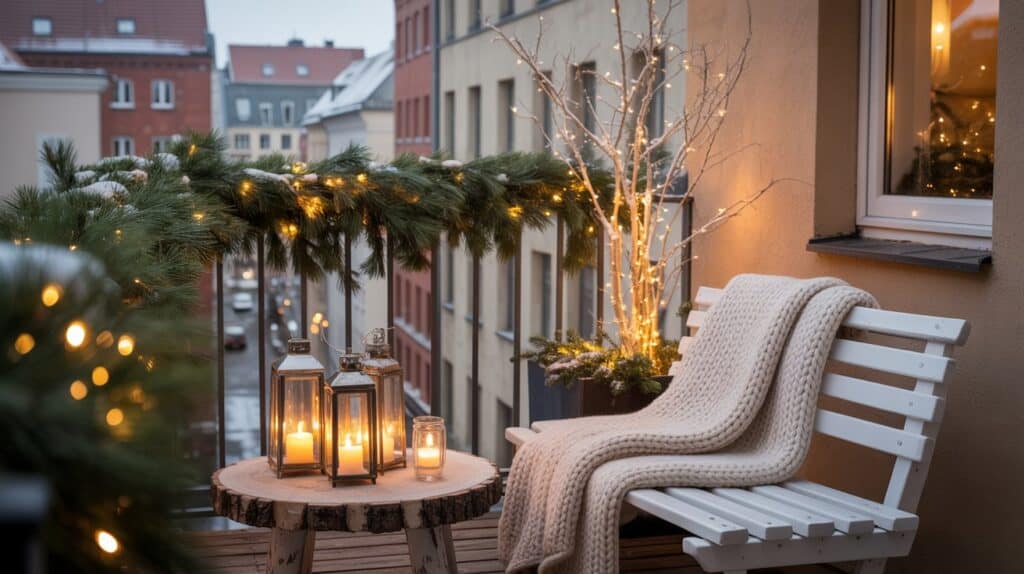 winter holzbank schnee lichterketten 2