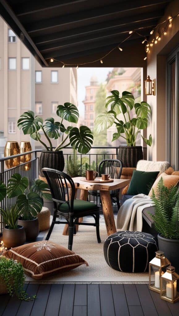 1 Bild, 1 Idee – Dark-Boho Balkon – warm, ruhig, atmosphärisch Boho schwarz dunkel gruen Lichterkette Makramee lichter3