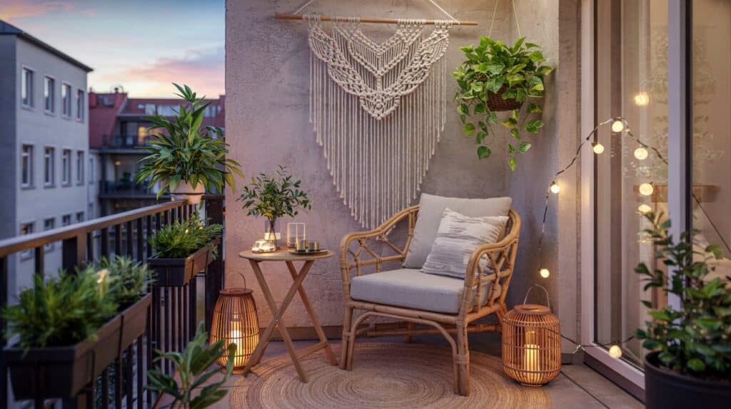 Makramee auf dem Balkon in 5 Minuten markamee abend licht boho bambusstuhl 1