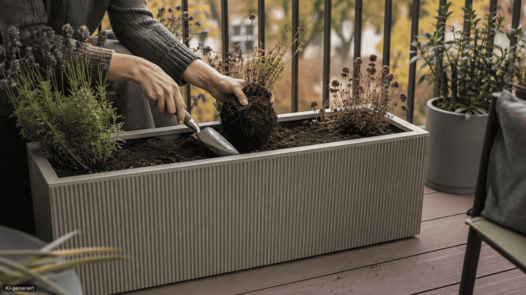Balkonkasten neu starten: Erde, Drainage und Dünger richtig vorbereiten Alter Wurzelballen wird im Herbst aus einem modernen Balkonkübel entfernt.