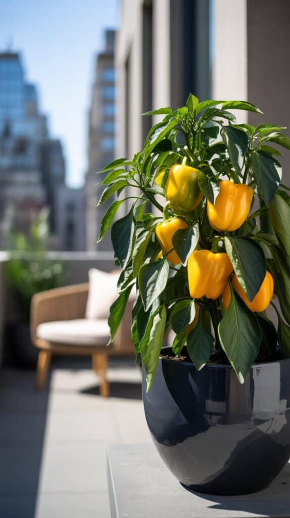 paprika im kuebel gelb schwazer Kuebel