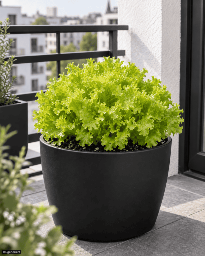 Hellgrüner Lollo Bionda mit üppigen, fein gekrausten Blättern in einem runden schwarzen Pflanztopf auf einem modernen Balkon mit hellen Bodenfliesen und weißer Hauswand.