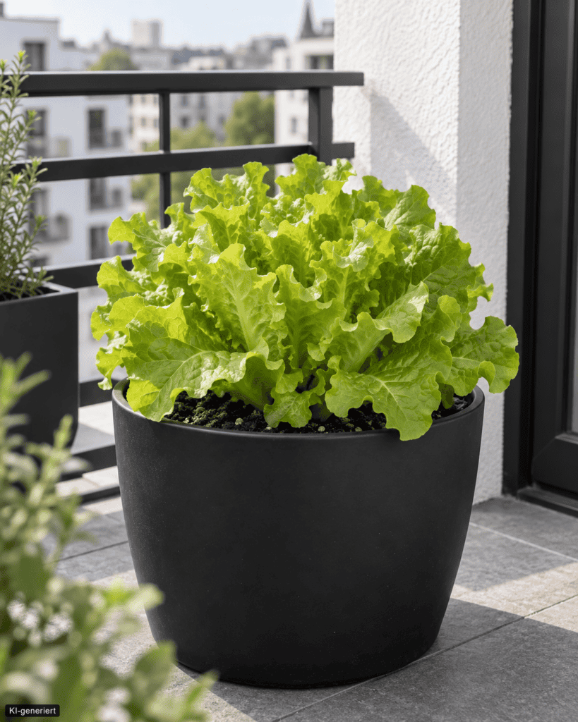 Grüner Eichblattsalat mit lockeren, leicht gewellten Blättern in einem schwarzen Pflanztopf auf einem modernen Stadtbalkon mit weißer Hauswand und schwarzem Geländer.