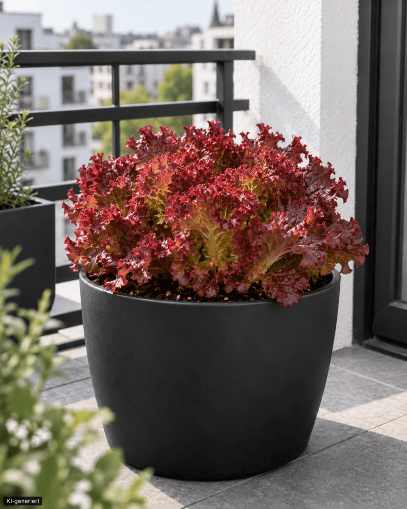 Kräftiger Lollo Rosso mit dicht gewachsenen, dunkelroten und stark gekrausten Blättern in einem schwarzen Pflanzkübel auf einem hellen Stadtbalkon.