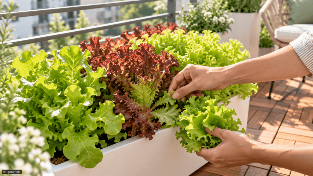 Hände ernten vorsichtig die äußeren Blätter eines roten Pflücksalats in einem weißen Balkonkasten. Grüner und roter Salat wachsen auf einem modernen Balkon mit Holzfliesen.