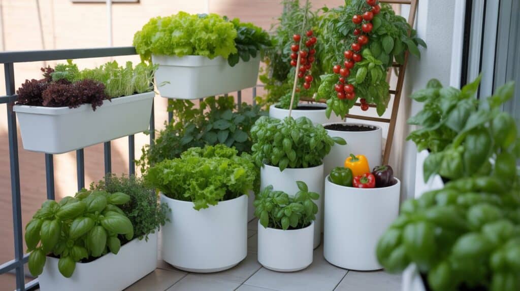 Sonnenschutz auf dem Balkon gemuese balkon weisse kuebel 1