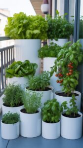 Gemüse im weißen Kübel – moderner Balkon mit Erntefaktor Gemüse im weißen Kübel – moderner Balkon mit Erntefaktor