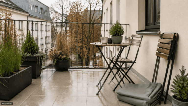 Balkonmöbel im Winter draußen lassen auf einem herbstlichen Stadtbalkon