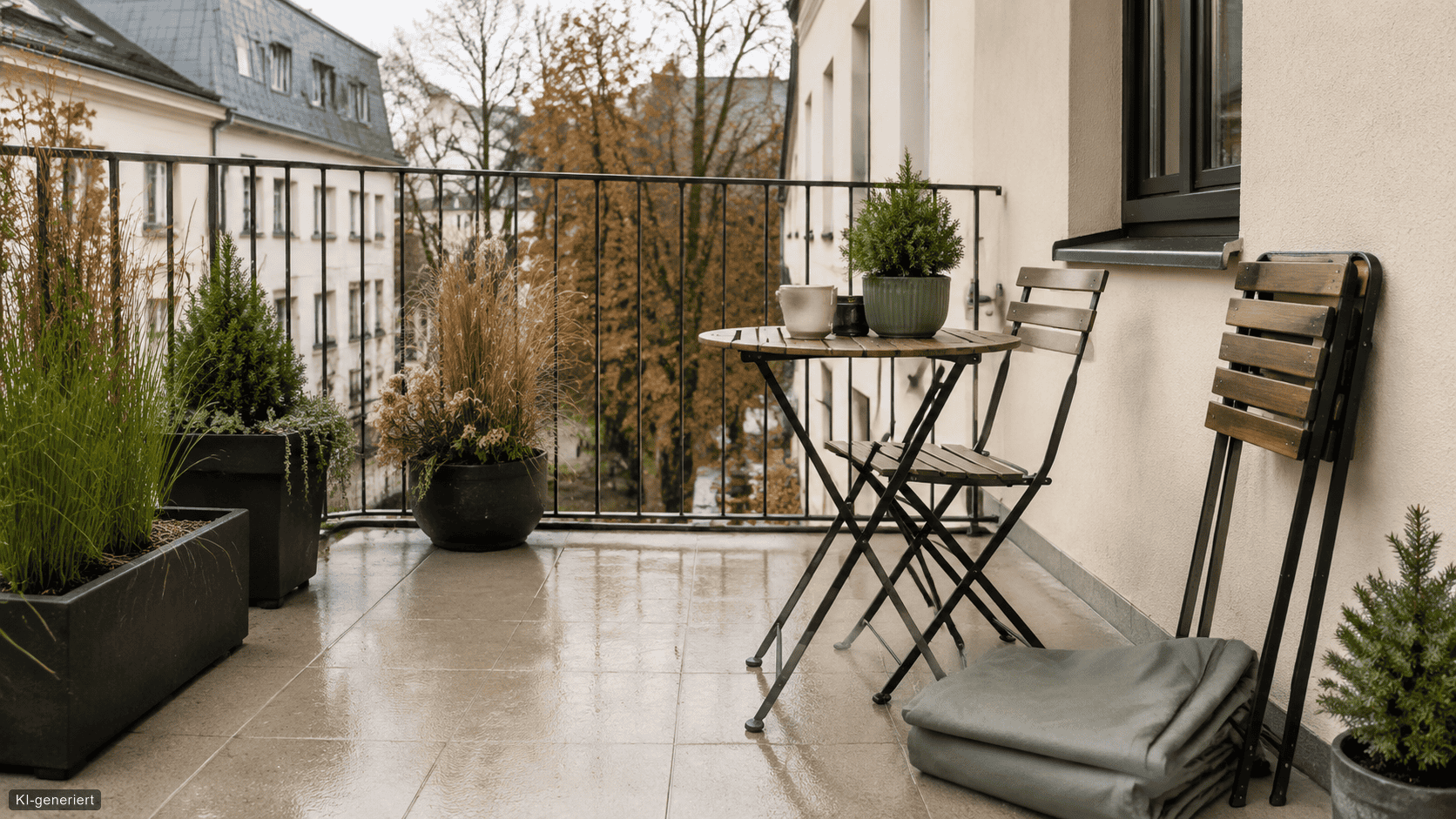 Balkonmöbel im Winter draußen lassen auf einem herbstlichen Stadtbalkon