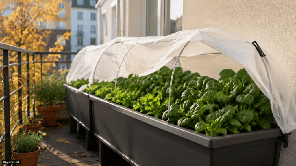 Balkonkasten mit Wintergemüse und schützendem Gartenvlies auf dem Balkon