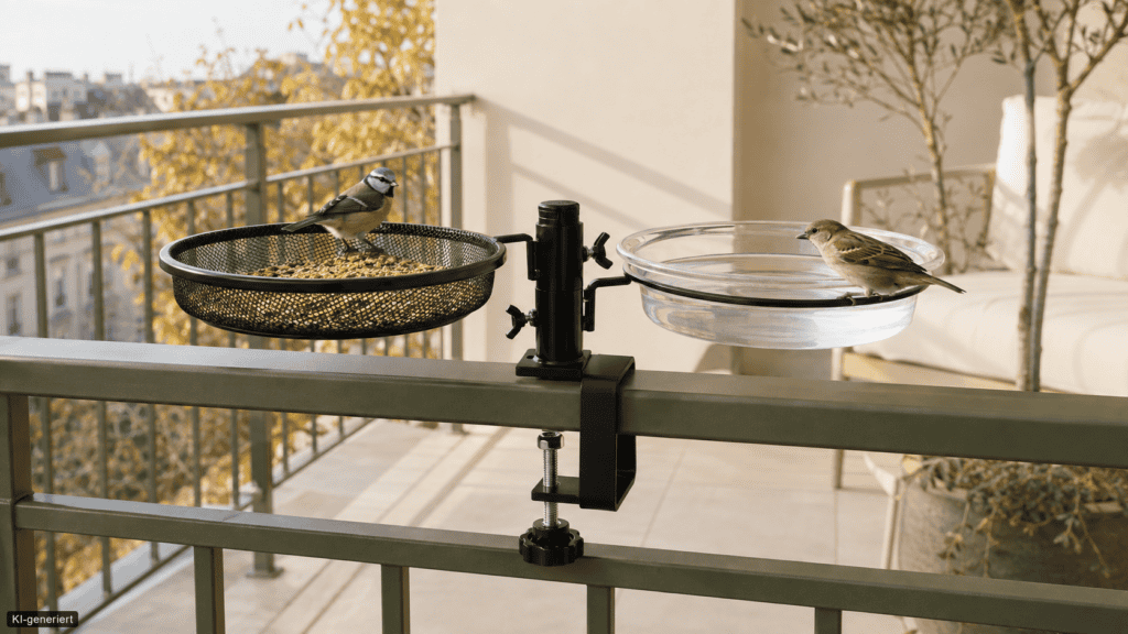 Am olivgrünen Balkongeländer befestigte Futterstation mit sichtbarer Klemmhalterung, großer Futterschale und flacher Wassertränke, besucht von Blaumeise und Spatz.