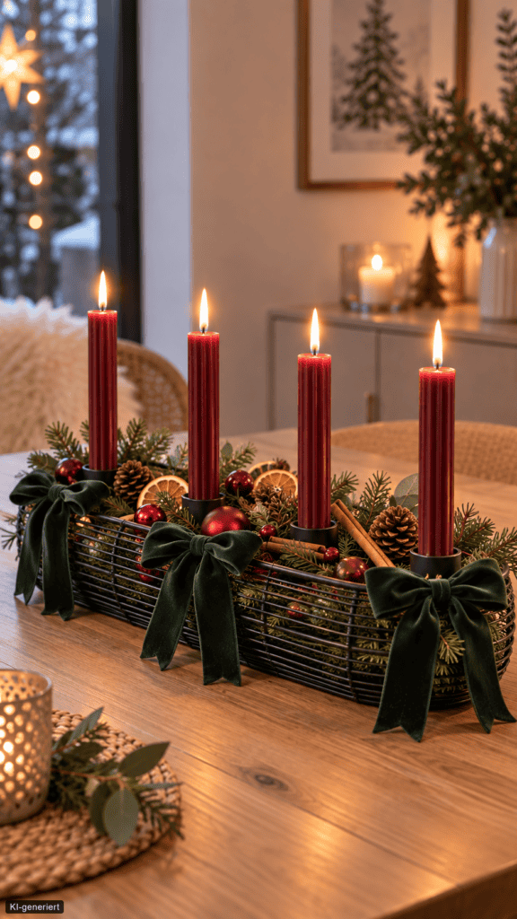 Länglicher moderner Adventskranz mit bordeauxroten Kerzen, Tannengrün, Zapfen, Orangenscheiben und dunkelgrünen Samtschleifen