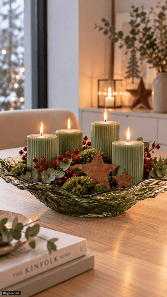 Moderner Adventskranz in grüner Glasschale mit grünen Kerzen, hellem Moos, roten Beeren und Eukalyptus