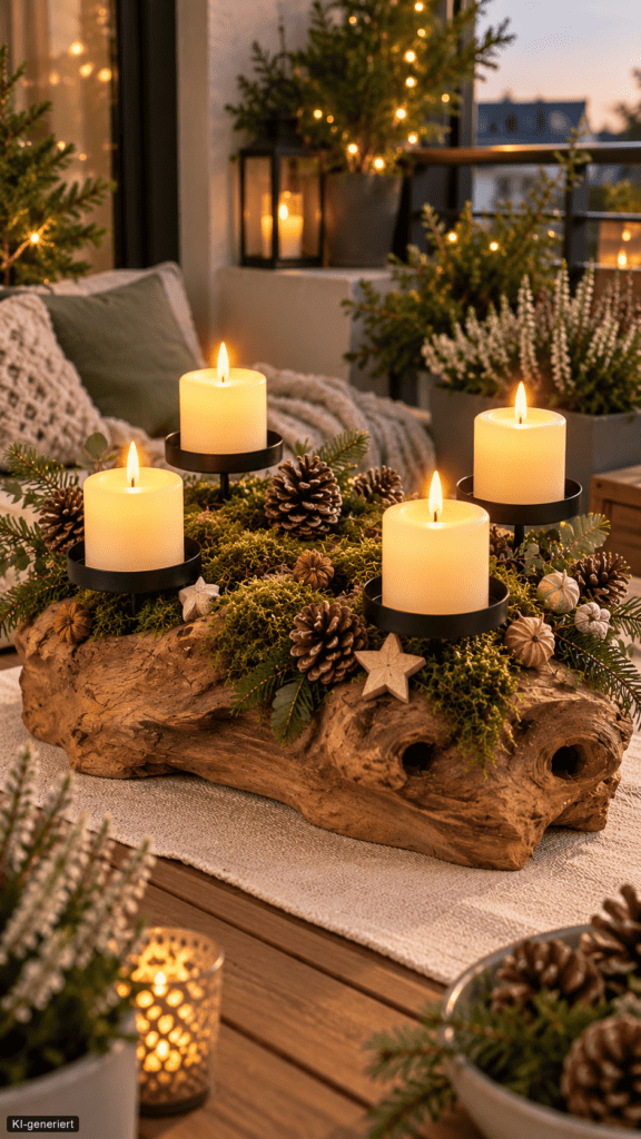 Natürlicher Adventskranz auf Wurzelholz mit vier cremefarbenen LED Kerzen, Moos, Zweigen und Zapfen