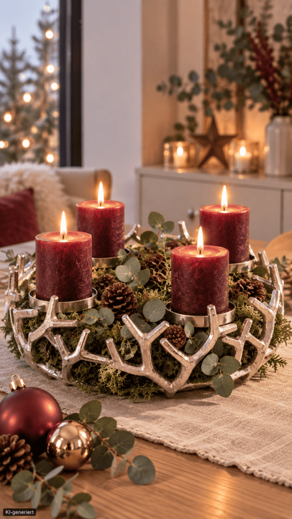 Moderner Adventskranz in Bordeaux und Silber mit vier Kerzen, Moos, Eukalyptus, Zapfen und Weihnachtskugeln