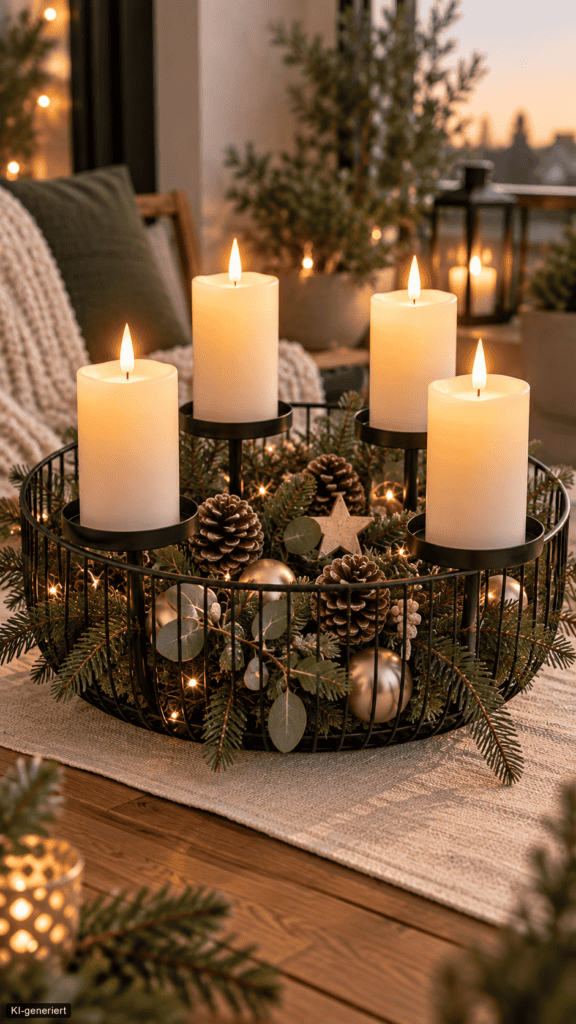 Adventskranz im schwarzen Metallkorb mit vier cremefarbenen Kerzen, Moos, Eukalyptus und Zapfen