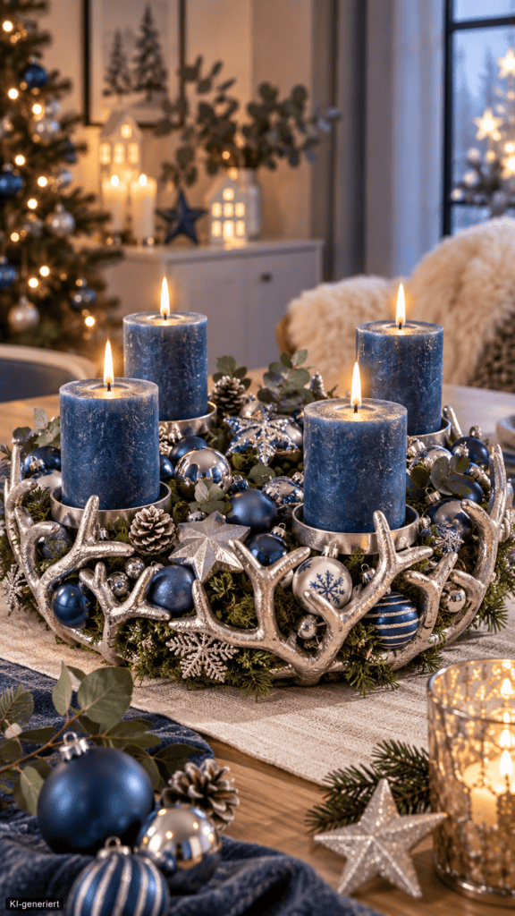 Moderner Adventskranz in Blau und Silber mit vier dunkelblauen Kerzen, Moos, Eukalyptus und Weihnachtskugeln