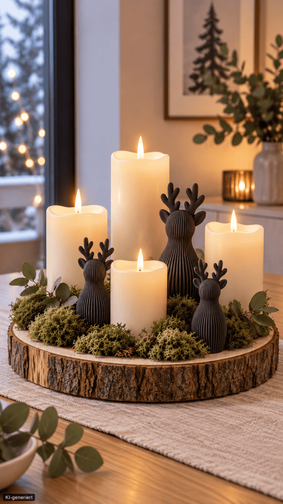 Adventskranz auf einer Holzscheibe mit vier cremefarbenen Kerzen, Moos, Eukalyptus und schwarzen Rentieren