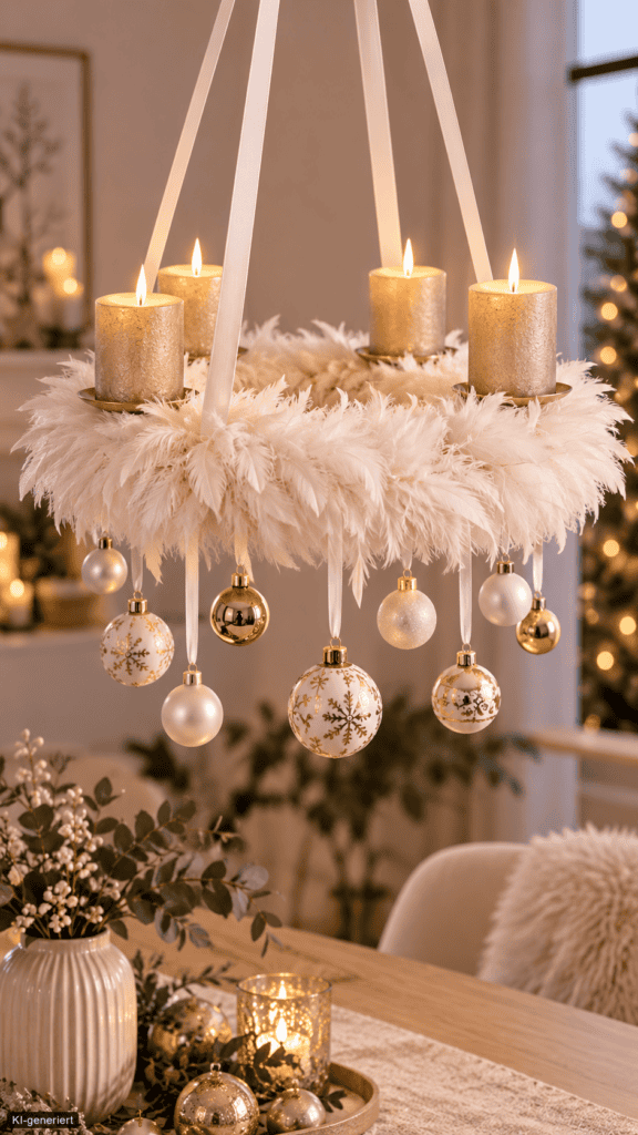Hängender weißer Adventskranz aus Federn mit vier LED Kerzen und Weihnachtskugeln in Weiß, Gold und Champagner