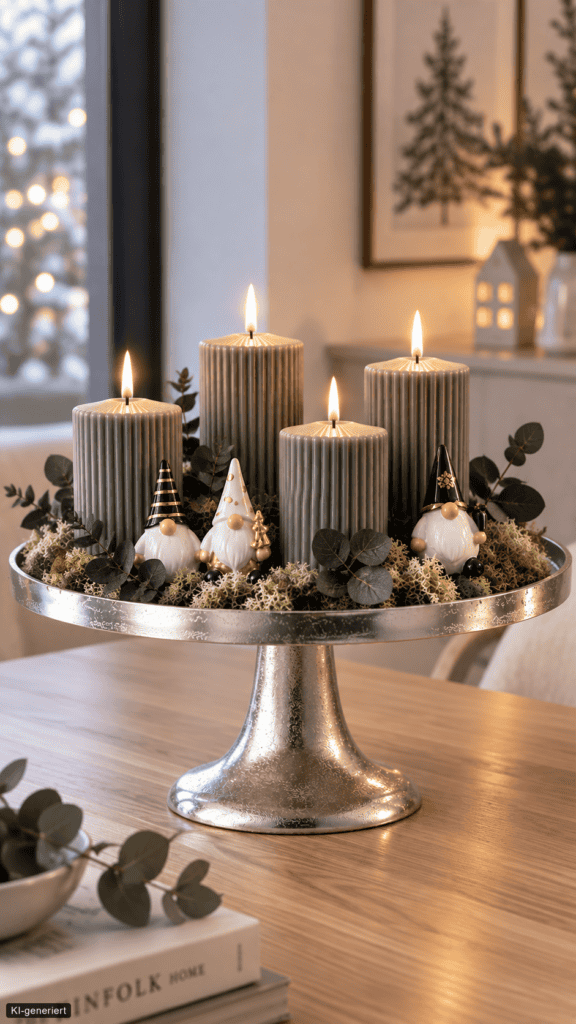 Moderne Adventsdeko auf silberner Etagere mit vier dunklen Kerzen, Moos, Eukalyptus und kleinen Wichteln