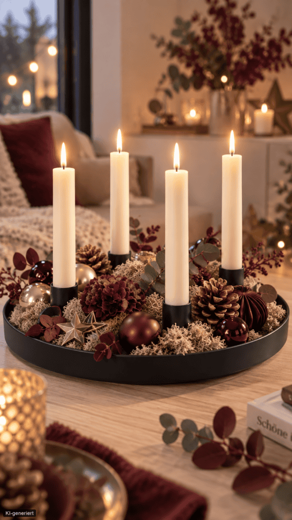 Moderner Adventskranz auf schwarzem Metalltablett mit vier Kerzen, Moos, Zapfen, Eukalyptus und Kugeln
