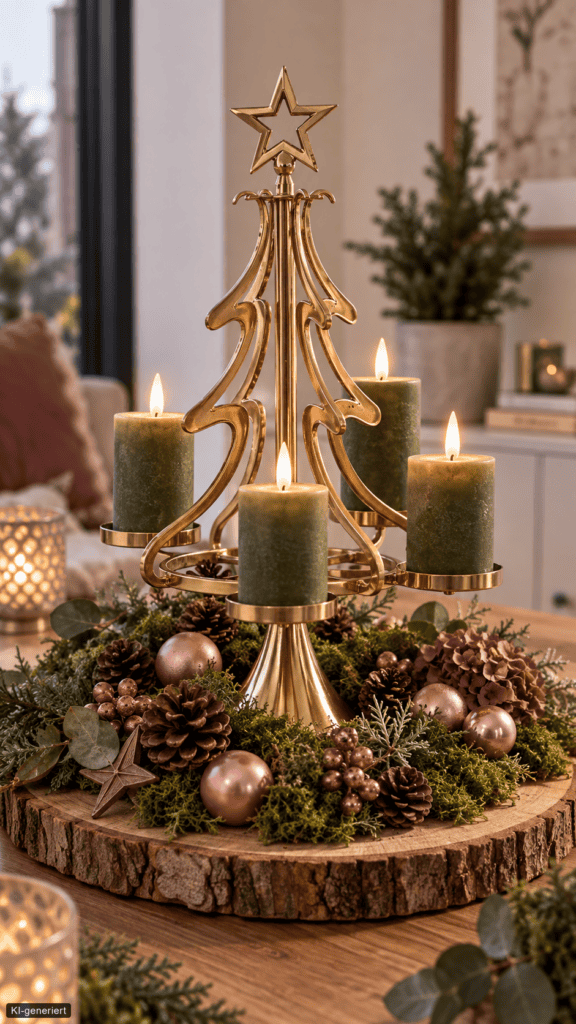 Goldener Weihnachtsbaum Kerzenhalter auf Holzscheibe mit vier grünen Kerzen, Moos, Zapfen und altrosa Kugeln
