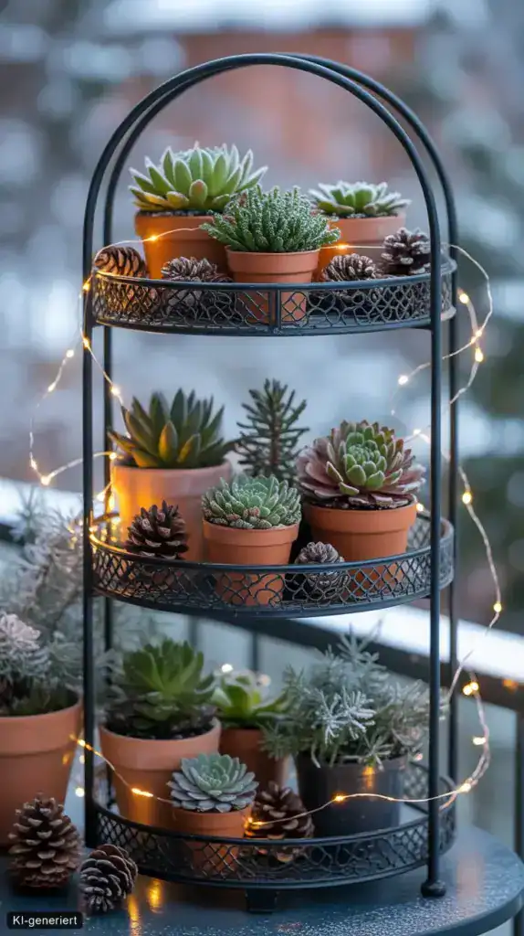 Winterdeko im Topf: 15 Ideen für drinnen und draußen Schwarze Etagere mit kleinen Terrakottatöpfen, Sukkulenten, Zapfen und einer feinen Lichterkette