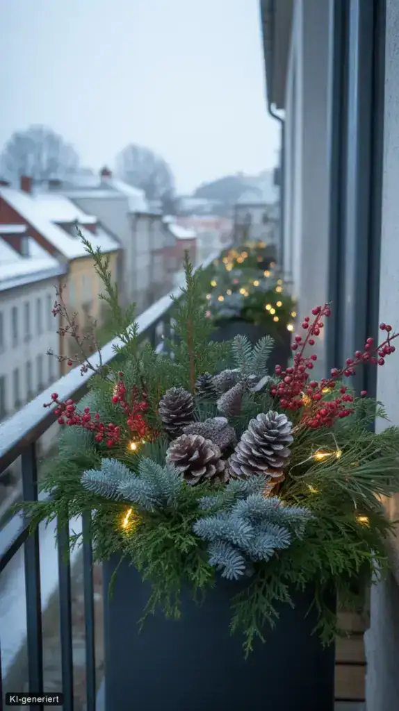 Winterdeko im Topf: 15 Ideen für drinnen und draußen Winterlich dekorierter Balkonkasten mit Tannengrün, roten Beeren, Zapfen und warmen LED Lichtern