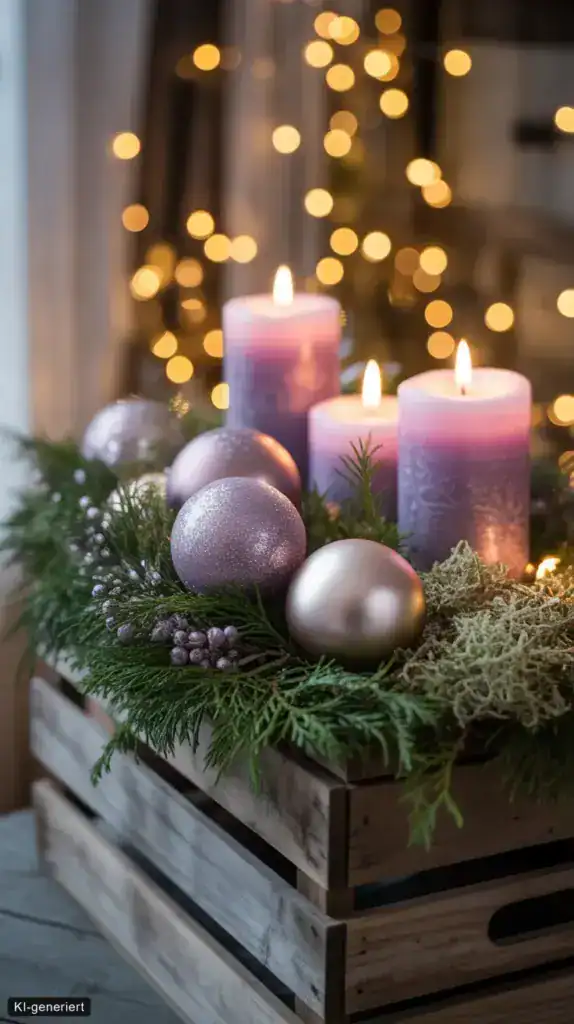 Winterdeko im Topf: 15 Ideen für drinnen und draußen Adventsdeko im Holzkasten mit violetten Kerzen, Tannengrün, Moos und glänzenden Kugeln