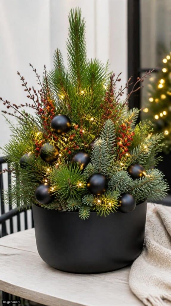 Winterdeko im Topf: 15 Ideen für drinnen und draußen Moderner schwarzer Wintertopf mit Kiefernzweigen, roten Beeren, schwarzen Kugeln und Lichterkette