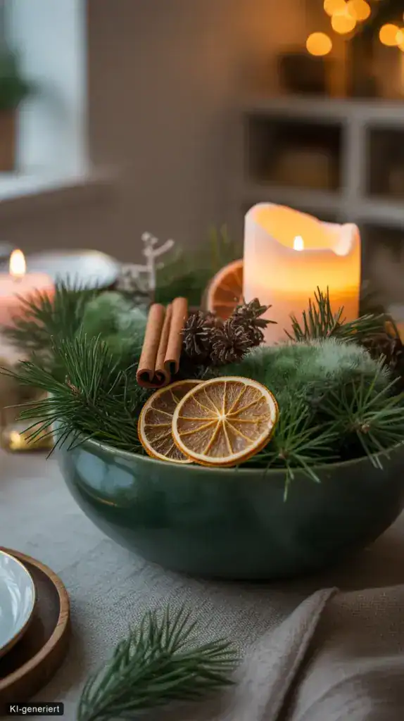 Winterdeko im Topf: 15 Ideen für drinnen und draußen Grüne Dekoschale mit Tannenzweigen, LED Kerze, Zimtstangen und getrockneten Orangenscheiben