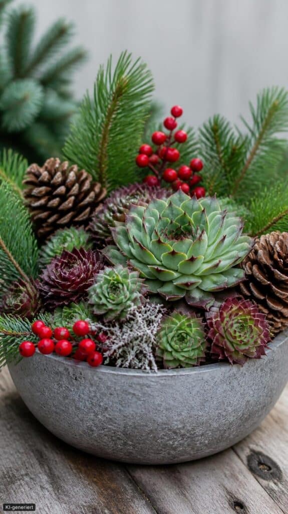 Winterdeko im Topf: 15 Ideen für drinnen und draußen Winterliche Steinschale mit Hauswurz, Tannenzweigen, Zapfen und roten Beeren