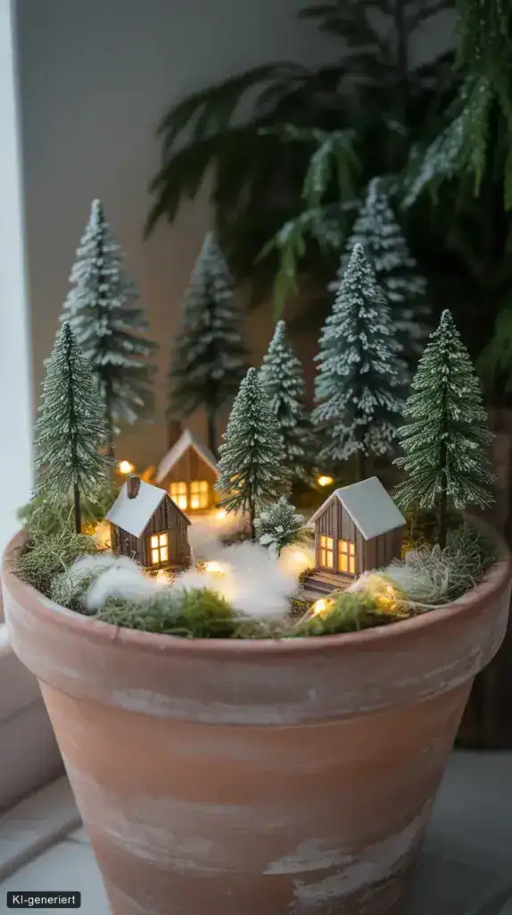 Winterdeko im Topf: 15 Ideen für drinnen und draußen Beleuchtetes Miniatur Winterdorf mit kleinen Tannen und Holzhäusern in einem Terrakottatopf