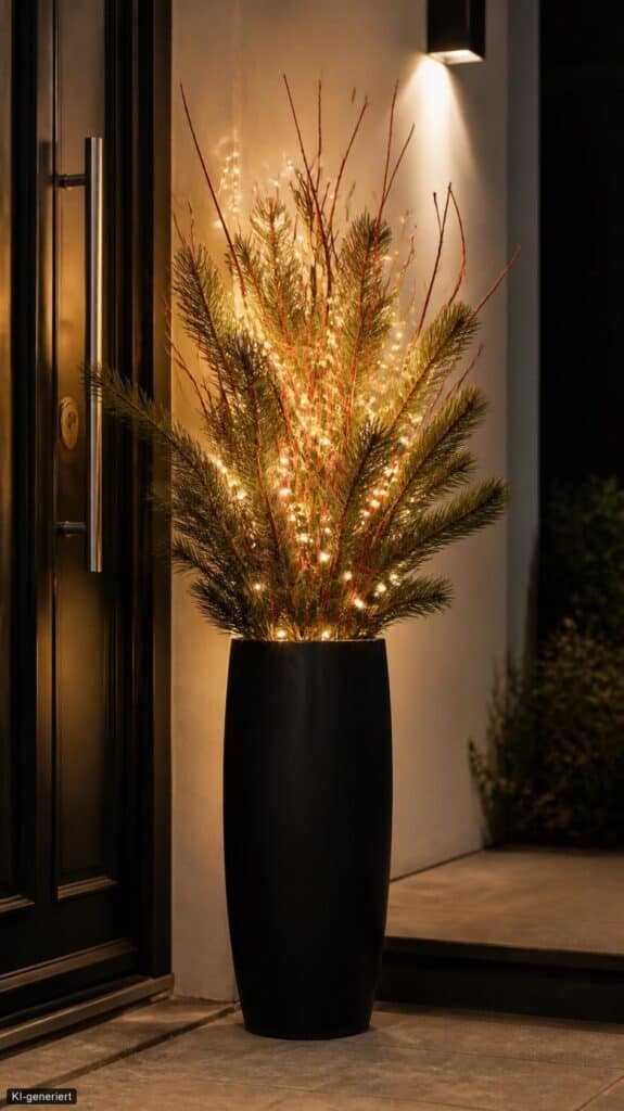 Winterdeko im Topf: 15 Ideen für drinnen und draußen Hohe schwarze Bodenvase mit Tannenzweigen, kahlen Ästen und warmweißen Lichtern am Hauseingang