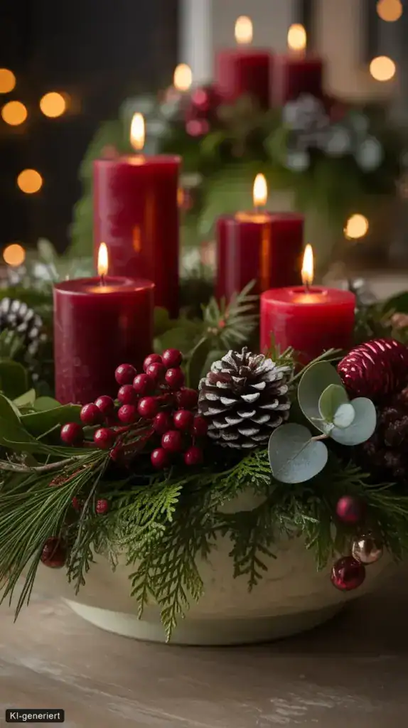 Winterdeko im Topf: 15 Ideen für drinnen und draußen Adventliche Schale mit dunkelroten Kerzen, Tannengrün, Beeren, Eukalyptus und Zapfen